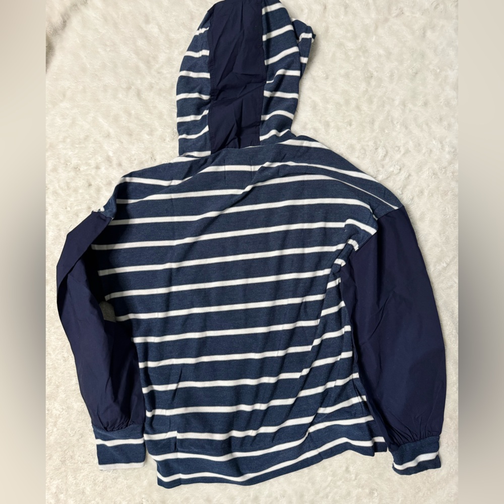 NWT- CHASER Navy Blue & White Nautical Striped Pullover Contrast Fabric Hoodie - Picture 2 of 12